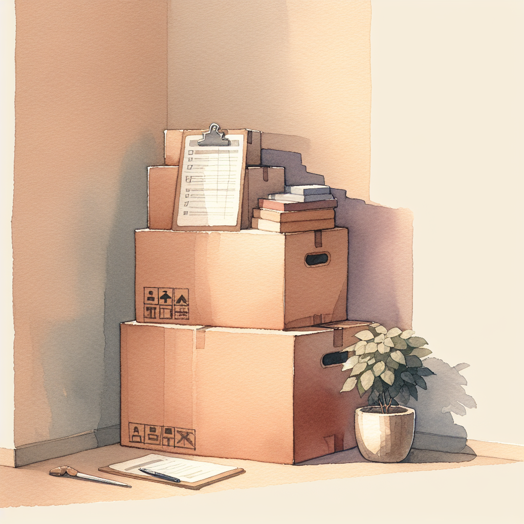 Watercolour illustration in warm bone, burnished brick, dusk plum, and warm stone tones for the Before you move in together: the conversation worth having now, not later pack.