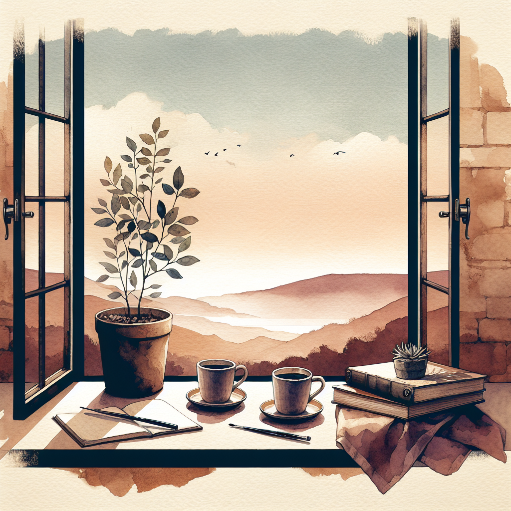 Watercolour illustration in warm bone, burnished brick, dusk plum, and warm stone tones for the Three years in and beyond: questions for the relationship you are still building pack.
